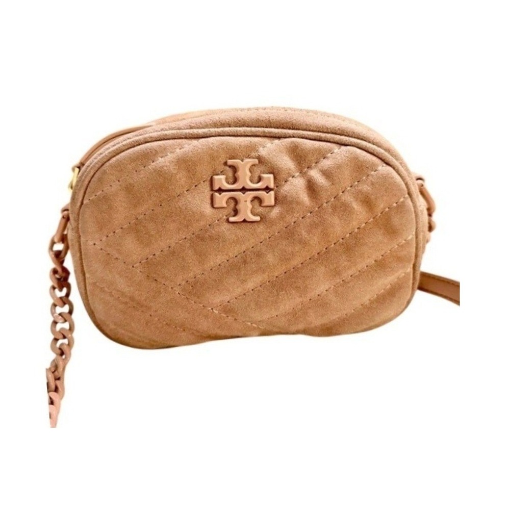 Tory Burch Kira Chevron Small Camera Bag Pink Suede Quilted Crossbody Handbag